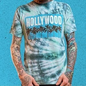 Custom Hollywood California surf palm tree tie dye blue green mens M t shirt